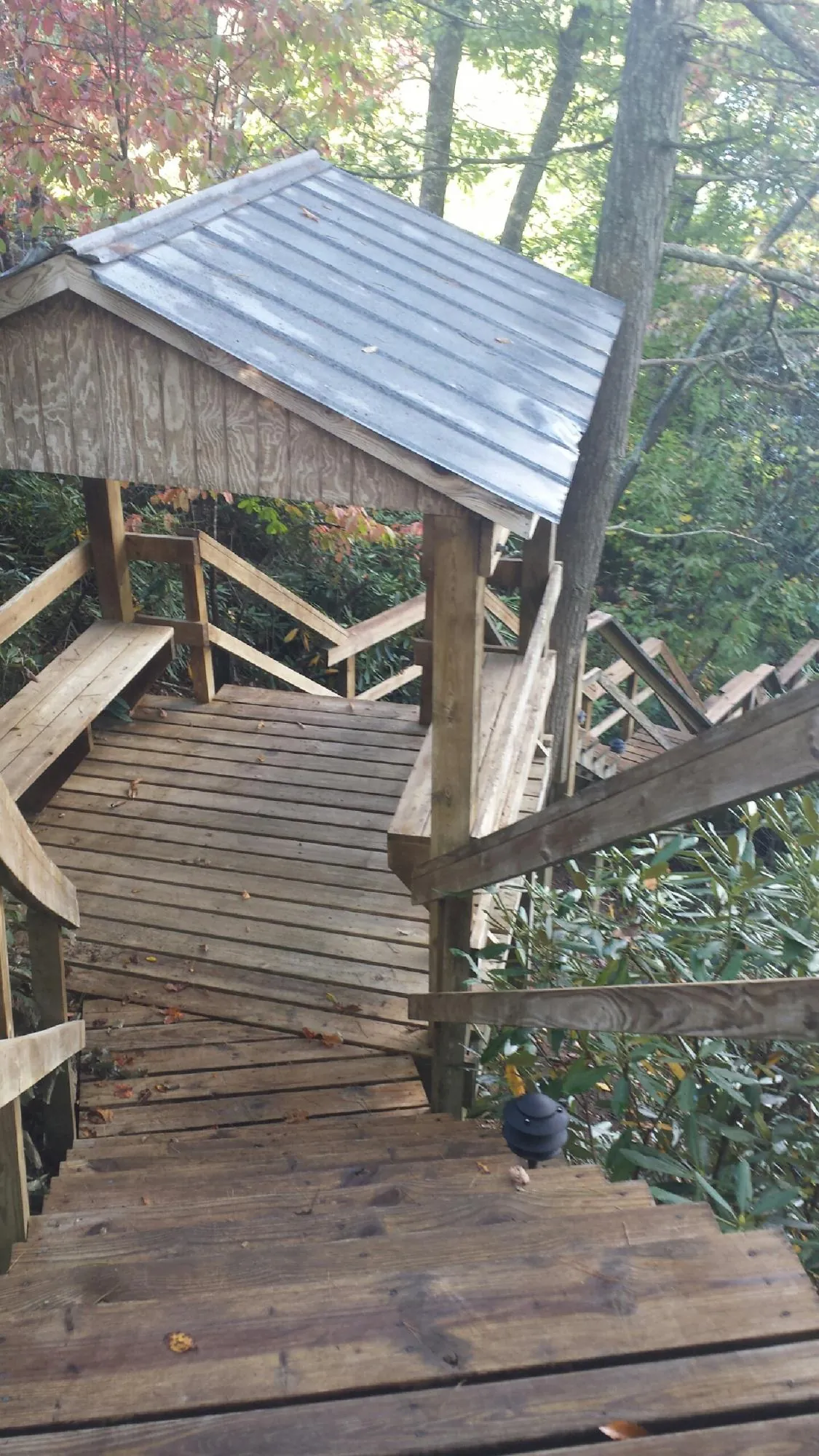 Metal roofed shelter over wooden steps on a wooded walkway — Skylight Repair & Installation work by our crew in Challis
